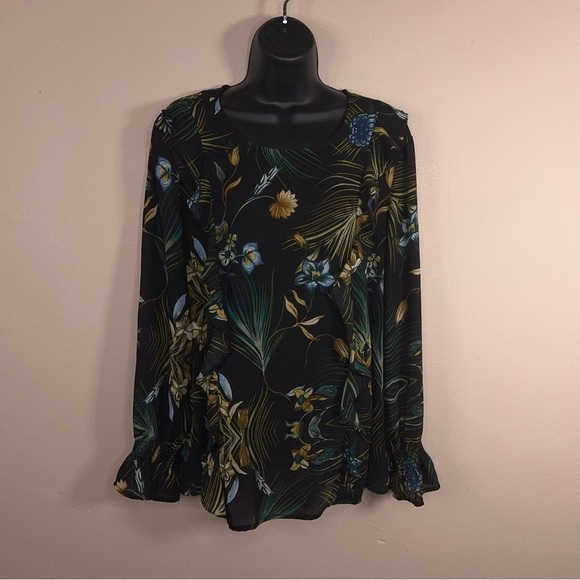 XL COUNTERPARTS BLACK FLORAL TROPICAL PRINT BLOUSE  LONG SLEEVE GREEN - Picture 13 of 13